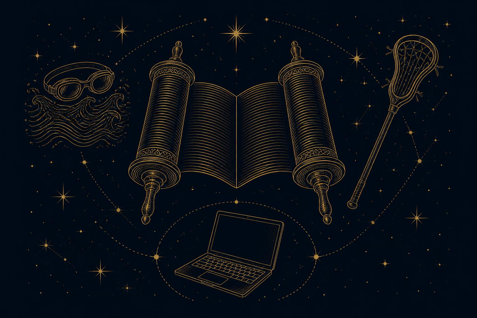 Gold line illustration of a Torah scroll surrounded by swimming, lacrosse and computer icons